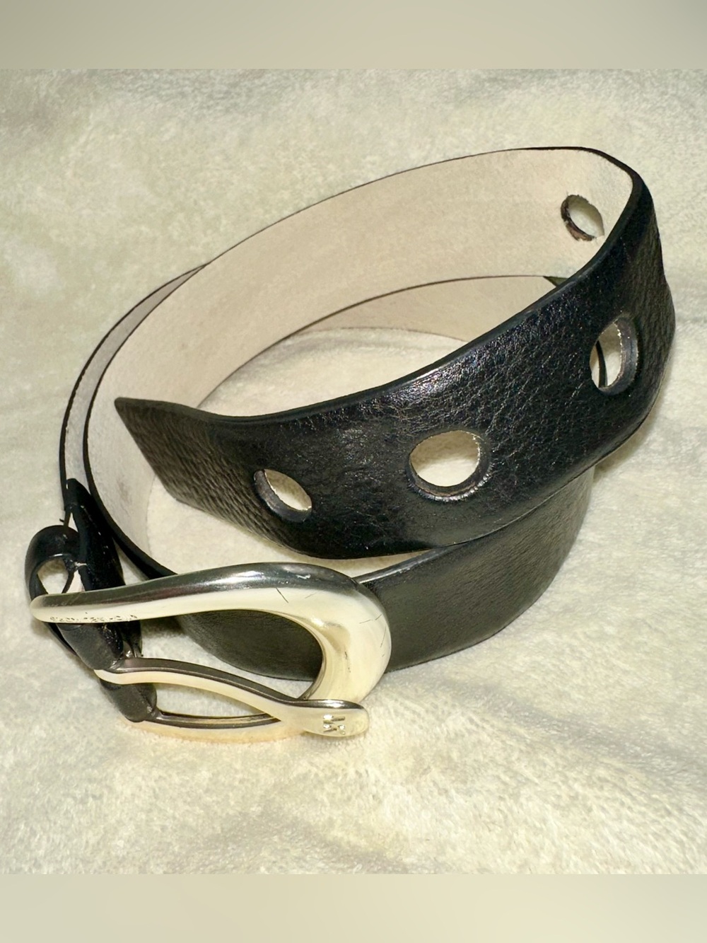 Michael Kors Black Leather Belt Oversized Holes Silver Buckle Logo Women's M